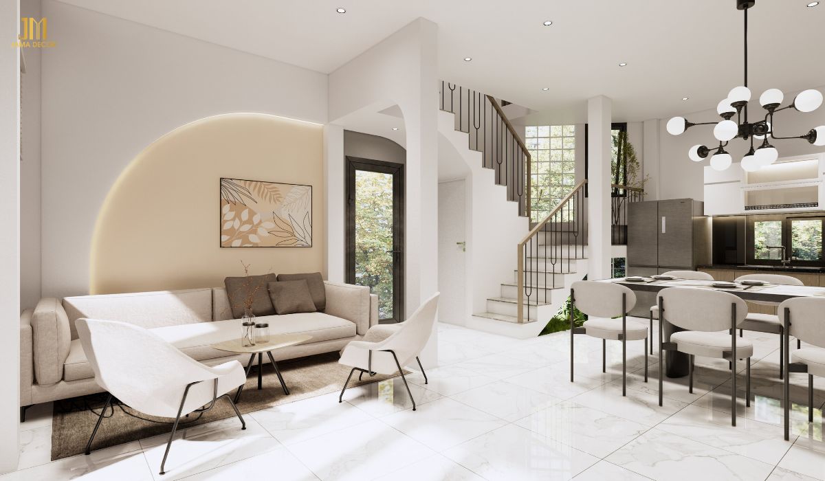 Nhà phố sử dụng nội thất màu trắng, giúp phản xạ ánh sáng tự nhiên, mang đến cảm giác sáng sủa