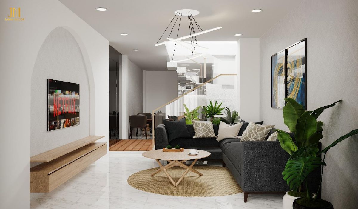 Cây xanh giúp tô điểm cho không gian phòng khách và mang lại cảm giác thư thái, thoải mái