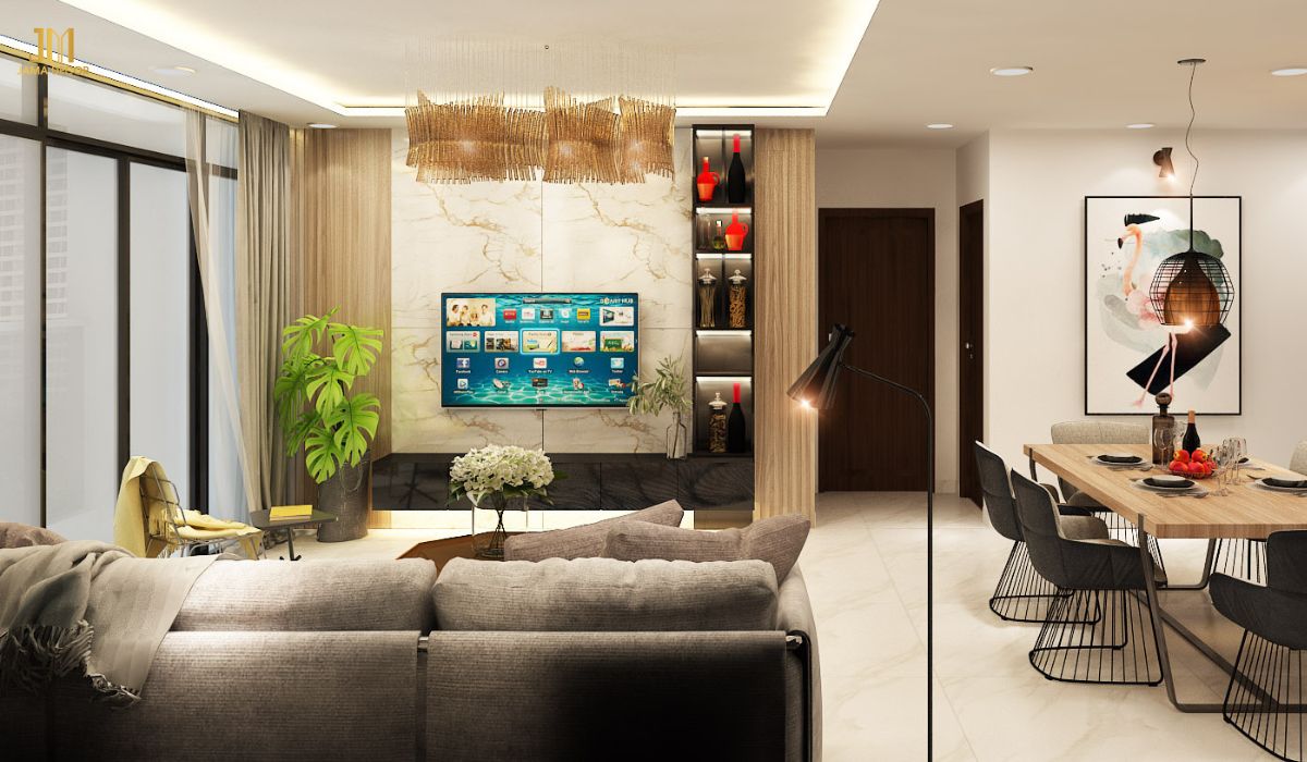 Đèn thả trần ấm áp, ánh sáng dịu nhẹ, tô điểm cho phòng khách thêm sang trọng, tinh tế