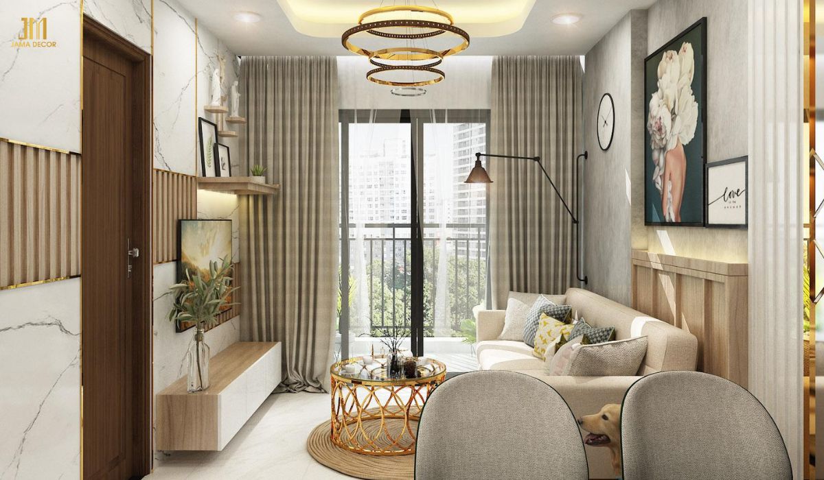 Phòng khách chung cư nên lựa chọn những sản phẩm nội thất có kích thước tương xứng với diện tích