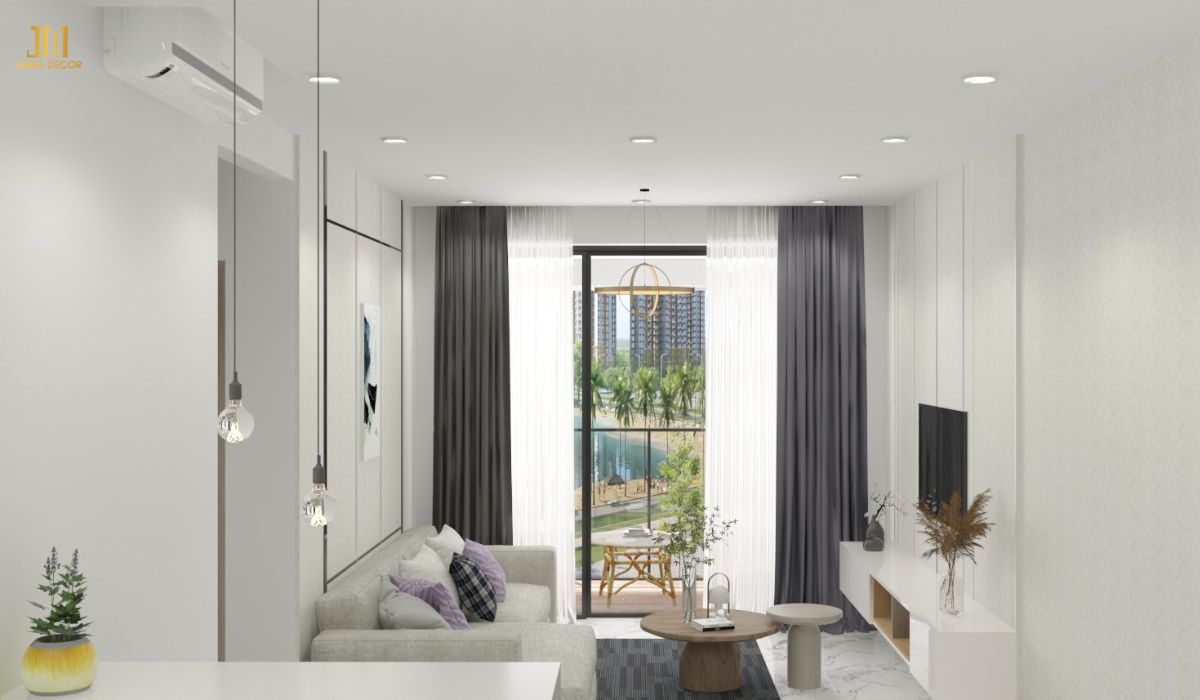 Cửa kính lớn giúp đón ánh sáng tự nhiên vào phòng khách, mang đến không gian thoáng đãng, tươi sáng và tràn đầy sức sống