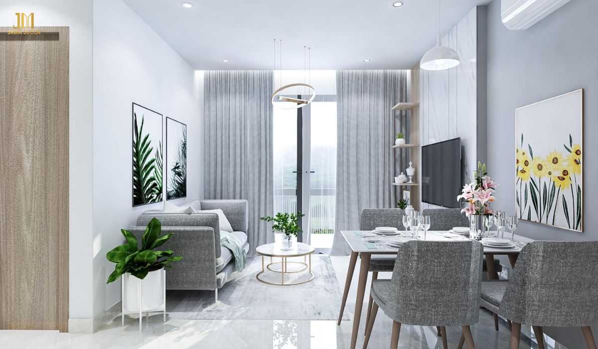 Tone màu sáng kết hợp cùng đèn nhỏ ánh sáng cam mang đến sự ấm áp cho căn phòng