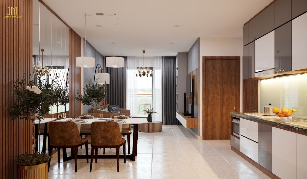 Màu vân gỗ đậm khá được ưa chuộng trong thiết kế nội thất phòng khách