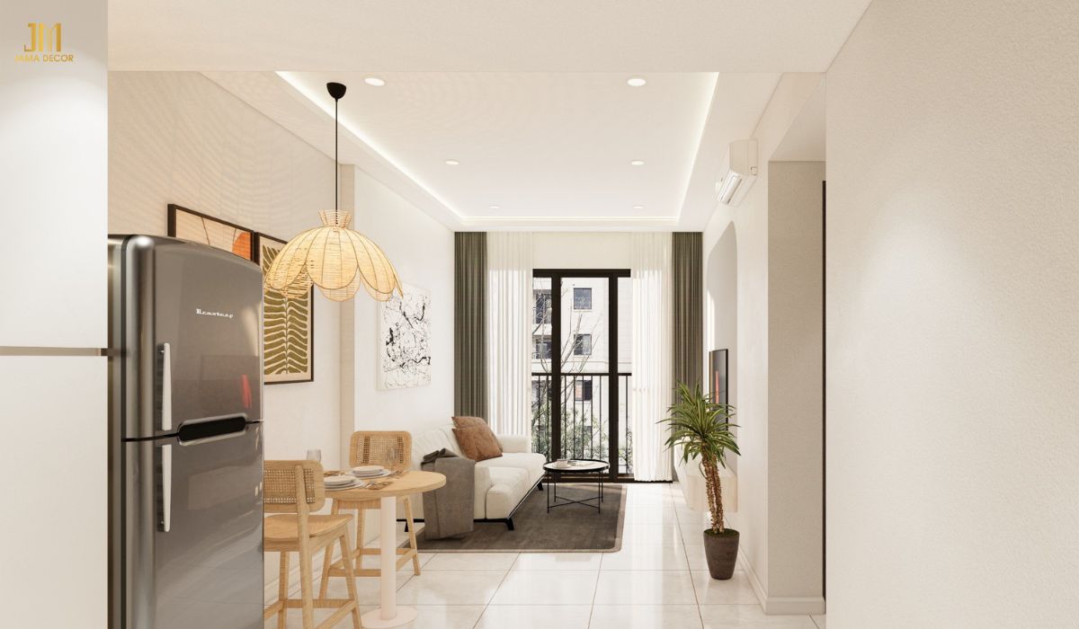 Khu vực tiếp khách với tone màu trắng làm chủ đạo mang đến cảm giác nhẹ nhàng, thanh lịch và tinh tế