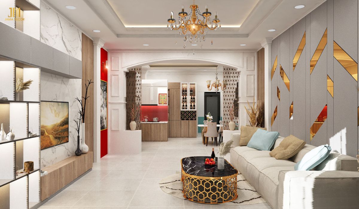 Phòng khách được tạo điểm nhấn với góc tường màu đỏ nhấn nhá thêm chi tiết vàng
