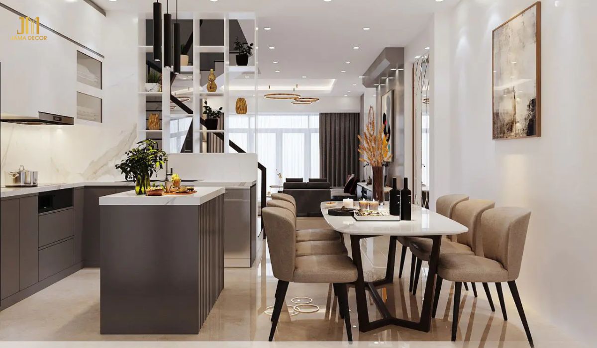 Nội thất phòng khách liền bếp cần được bố trí hợp lý để đảm bảo tính tiện nghi và công năng sử dụng