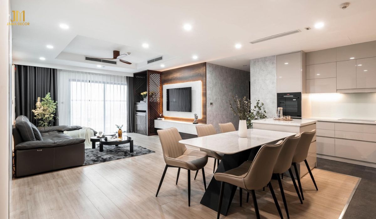 Nội thất phòng khách liền bếp hiện đại, sang trọng