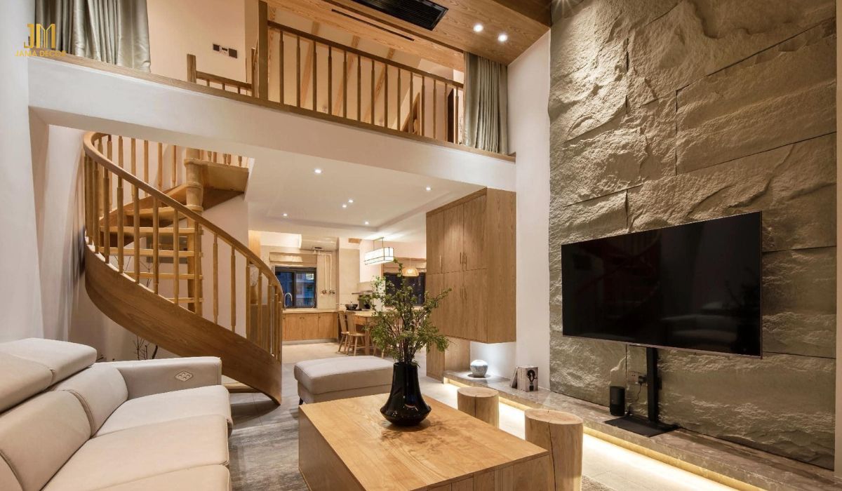 Không gian phòng khách liền bếp ấm áp bởi sự kết hợp giữa tone màu vân gỗ