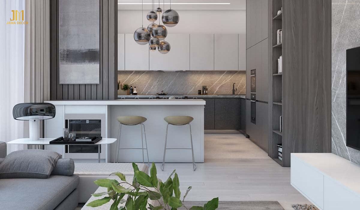 Phòng khách liền bếp thường được ưu tiên sử dụng tại các căn hộ chung cư