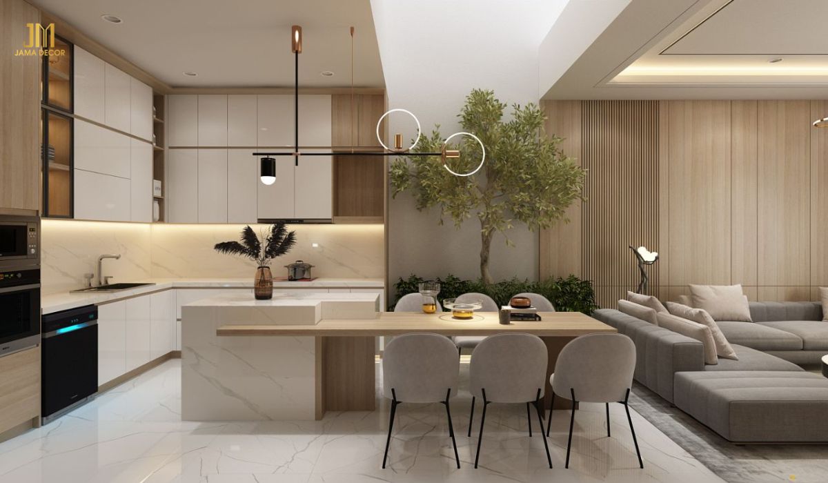 Sự tinh tế trong thiết kế nội thất phòng khách liền bếp