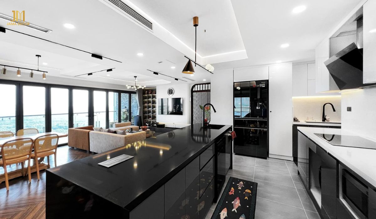 Phòng khách liền bếp tạo cảm giác rộng rãi và thoải mái