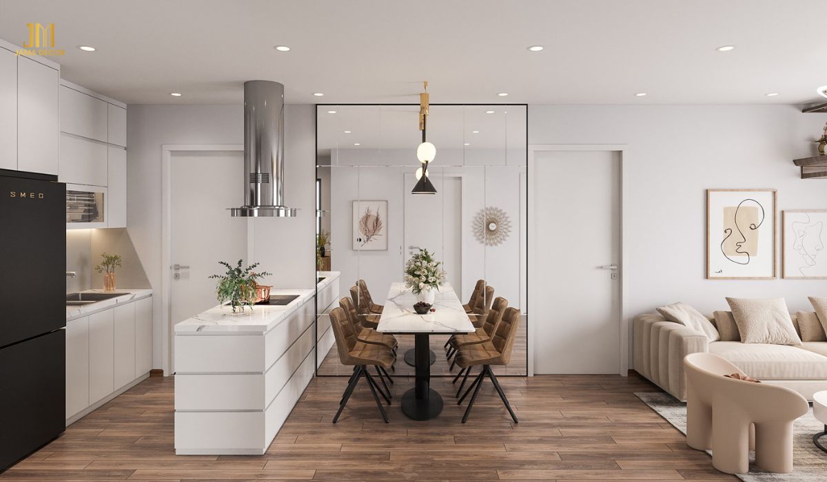 Bàn đảo bếp ngăn cách giữa phòng khách và bếp là một giải pháp thiết kế nội thất được nhiều gia đình lựa chọn hiện nay
