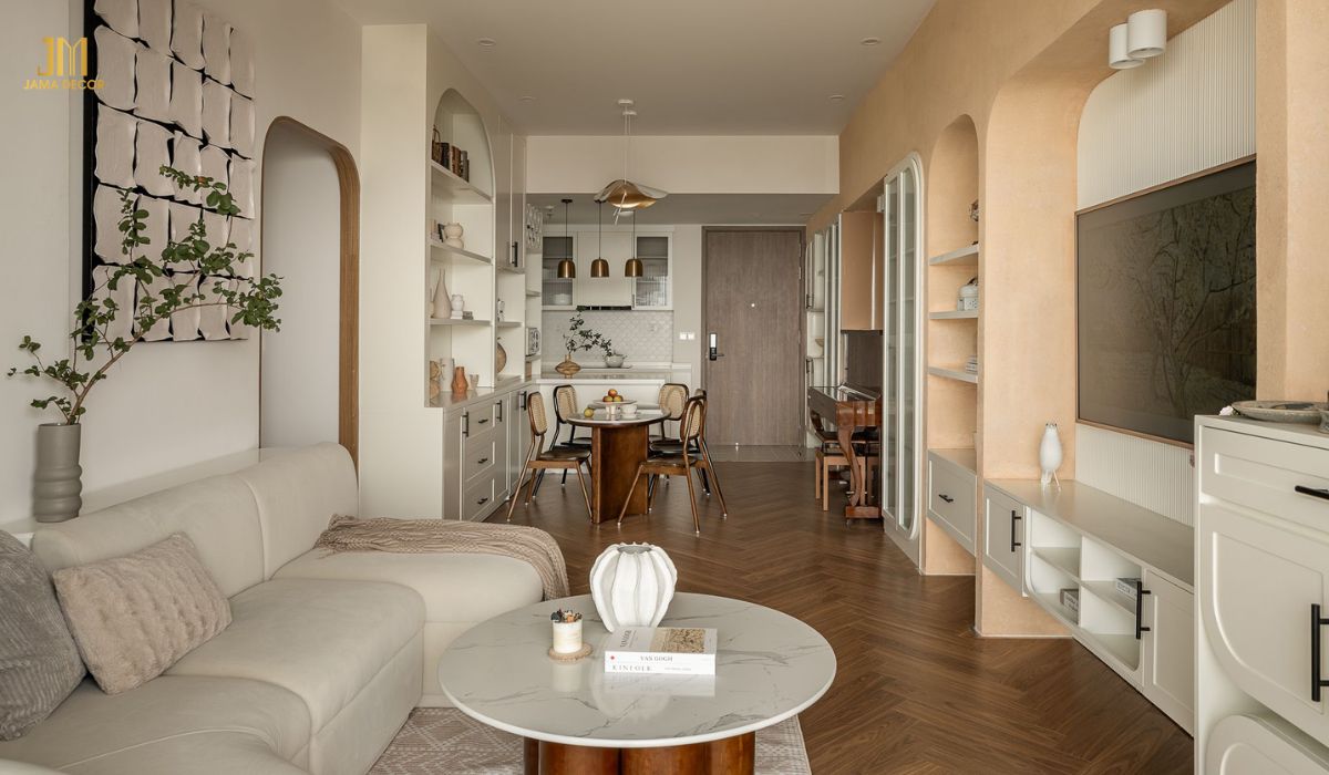 Thiết kế phòng khách liền bếp mang lại không gian sống tiện nghi được đông đảo gia đình yêu thích
