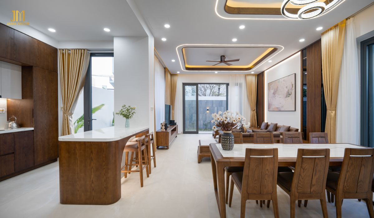 Thiết kế phòng khách liền bếp tiện nghi và sang trọng