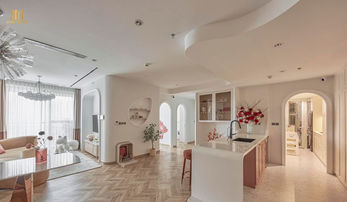 Phòng khách liền bếp tạo nên không gian sống hài hoà, tiện nghi