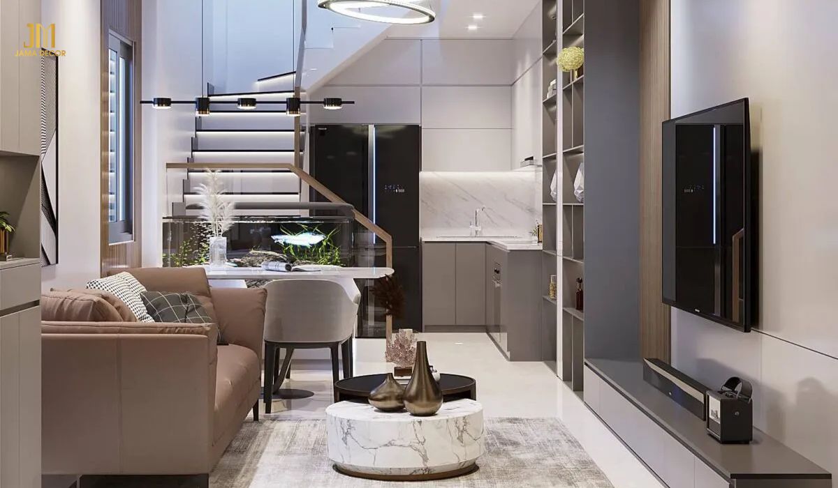 Cải tạo nội thất nhà ống thành không gian sống lý tưởng 23 Nội thất phòng khách nhà ống cần bố trí phù hợp để không gian trở nên rộng rãi