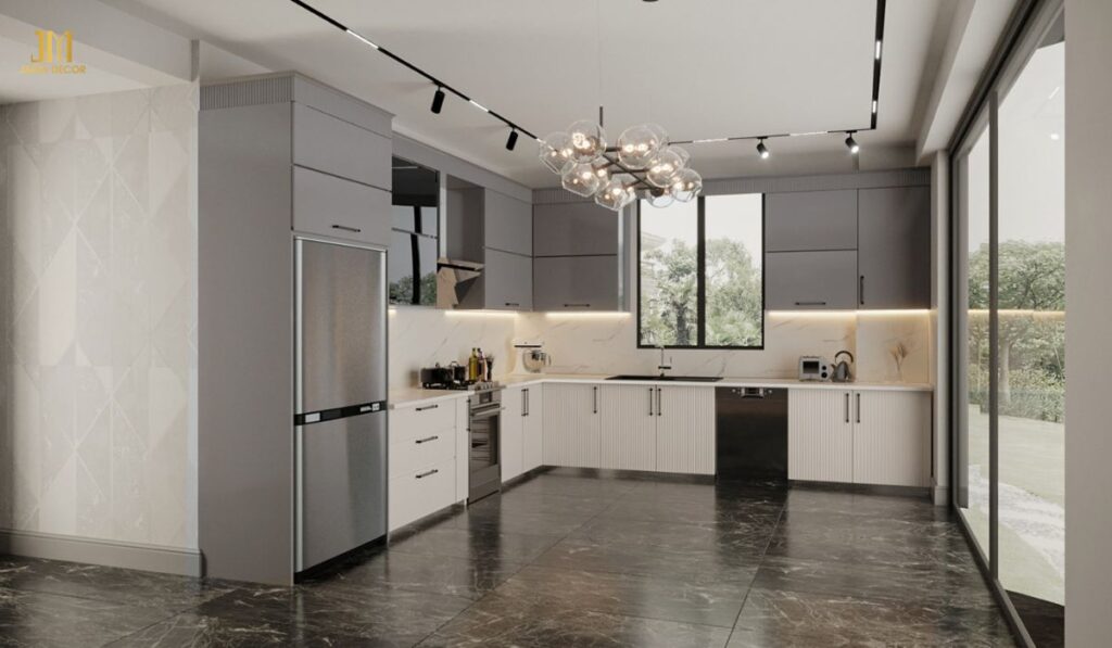 Không gian bếp tràn ngập ánh sáng tự nhiên bởi được thiết kế hệ cửa kính trong suốt
