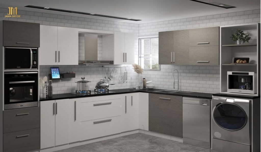 Trang thiết bị bếp được kết hợp ngay trong hệ tủ chữ L tiện nghi
