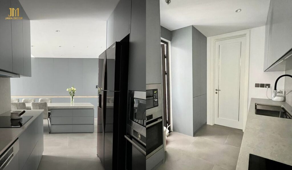 Tone màu xám thể hiện sự cá tính của gia chủ cũng được áp dụng để thiết kế không gian bếp
