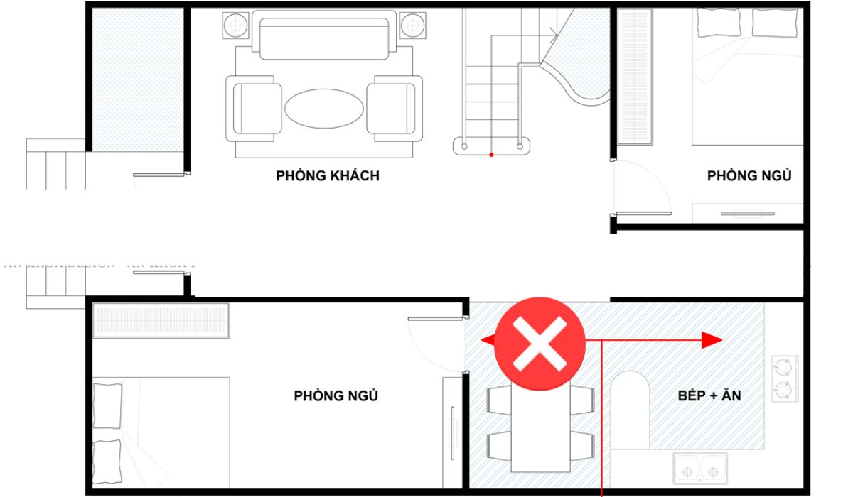 Điều kiêng kỵ bạn cần nhớ khi thiết kế phong thủy nhà bếp là không được đặt bếp ở đối diện phòng ngủ