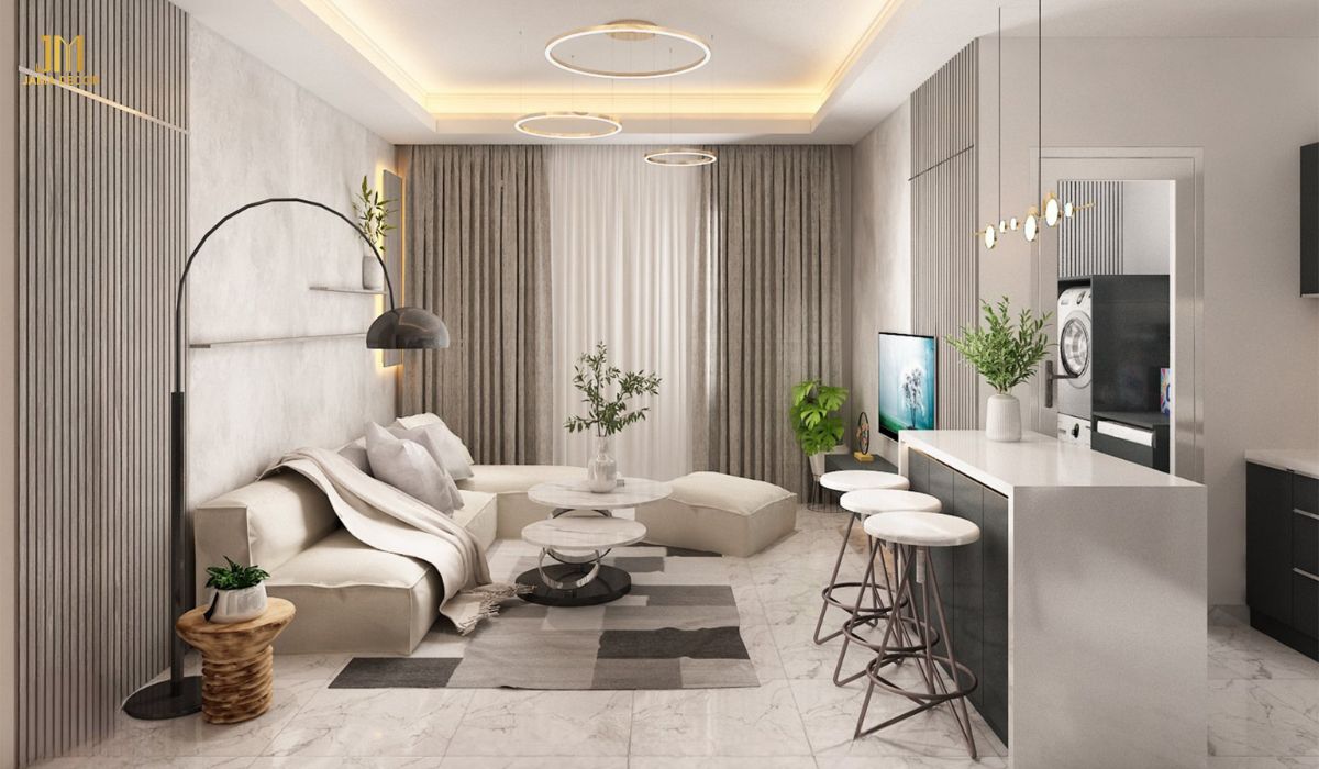 Thảm trải sàn có họa tiết kẻ caro để tạo điểm nhấn cho không gian phòng khách