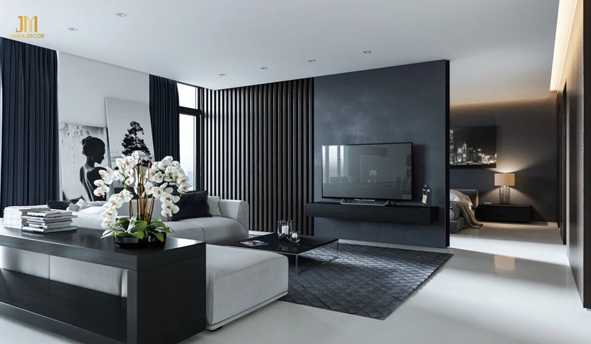 Phòng khách hiện đại thường sử dụng tone màu đen kết hợp với các màu sắc trung tính như trắng, be, xám,... để tạo nên một không gian sang trọng và tinh tế