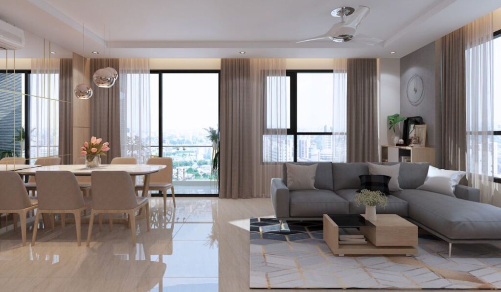 5 quy tắc phối màu nội thất phòng khách đẹp sang 17 Phòng khách áp dụng quy tắc 60 -30 -10 mang lại cảm giác rộng rãi và thoáng hơn