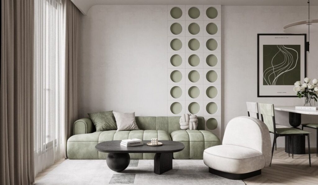 5 quy tắc phối màu nội thất phòng khách đẹp sang 18 Xanh lơ nhạt, trắng và đen là 3 tone màu được áp dụng theo quy tắc 60 -30- 10