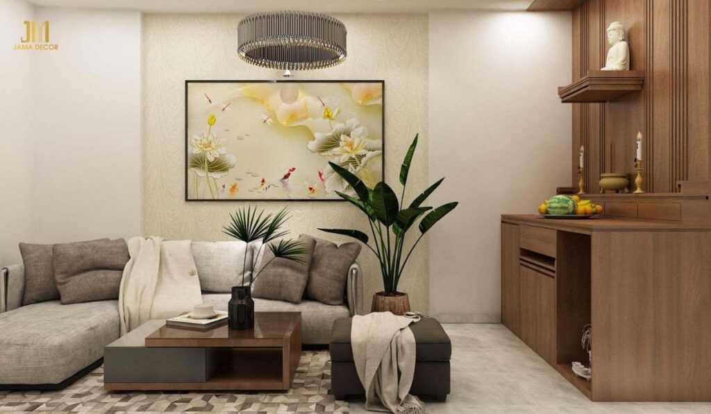 Không gian phòng khách ấm cúng với nội thất đơn giản kết hợp đèn có cường độ sáng nhẹ; 