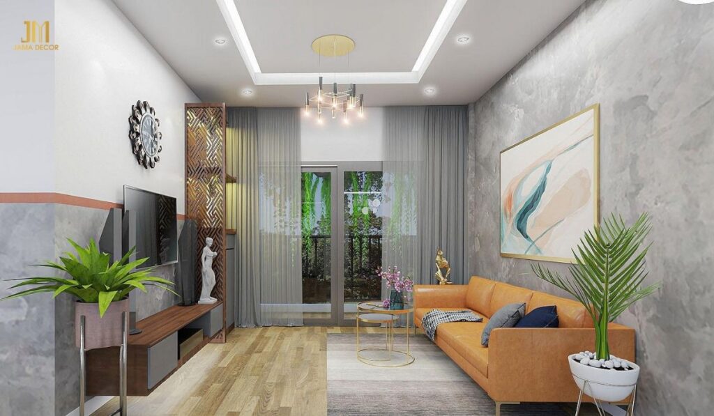 Căn phòng nổi bật hơn khi thiết kế lựa chọn bộ sofa màu cam tươi sáng