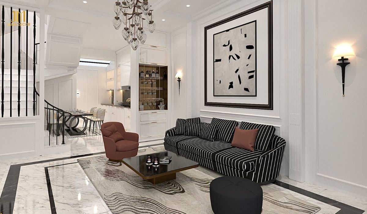 Mẫu thiết kế nhà phố độc đáo bởi bộ sofa sọc đen nổi bật trên nền trắng