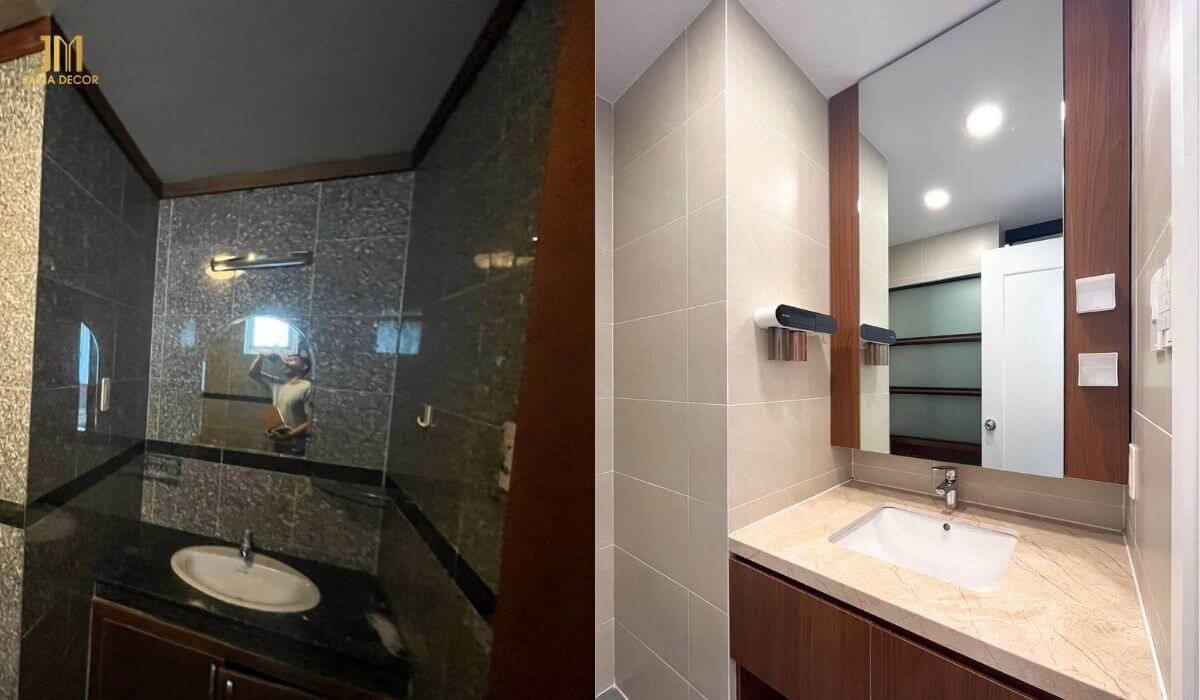 Thay đổi một số chi tiết như gạch ốp tường, gương, đèn đã khiến nhà vệ sinh trở nên hiện đại và sáng sủa hơn