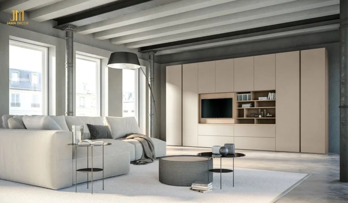 Thiết kế độc đáo với tủ quần áo tích hợp kệ tivi và kệ sách