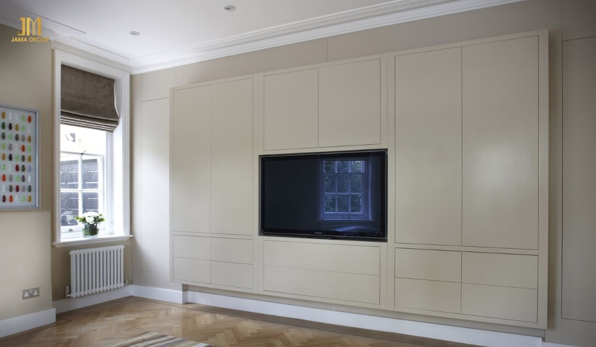 Mẫu tủ quần áo phối hợp kệ tivi được nhiều người ưa chuộng bởi tiện ích 2 trong 1 của nó