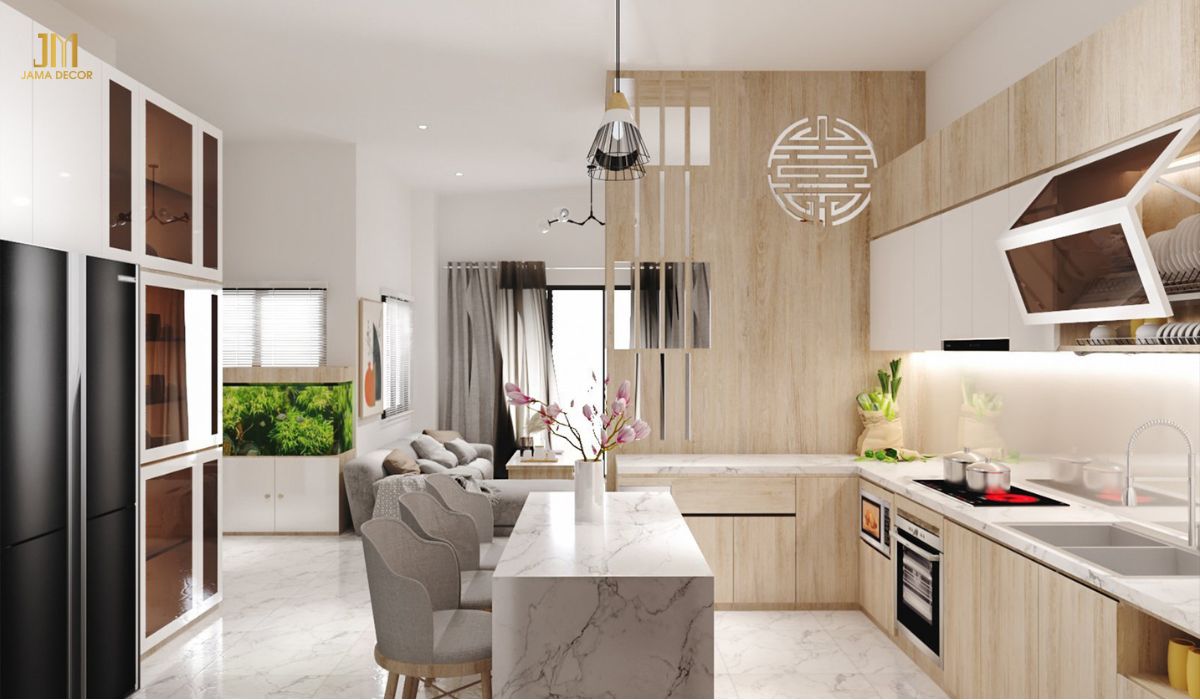 Nội thất phòng bếp rộng rãi, đầy đủ tiện nghi kèm quầy bar tiện dụng