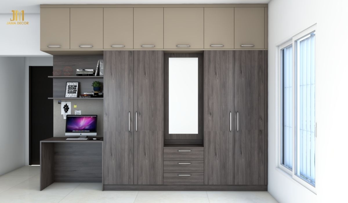 Tủ được bố trí nối liền bàn làm việc và kệ trang trí tiện dụng