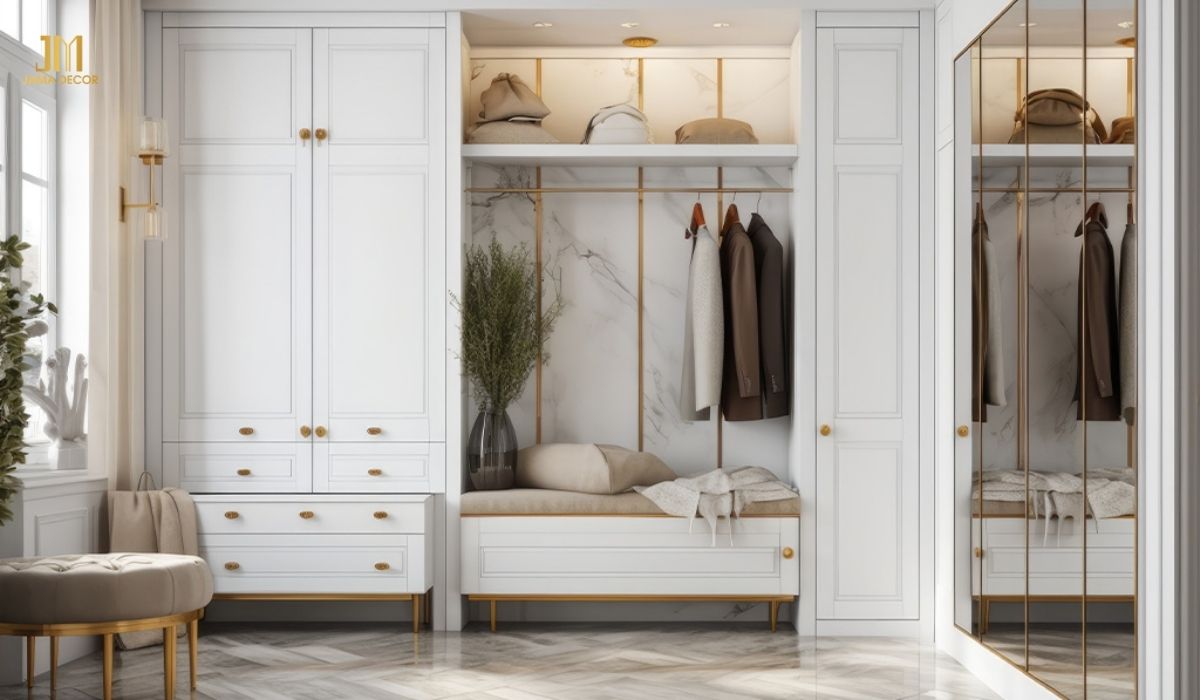 Tủ âm tường 1 cánh gỗ công nghiệp đặt trong góc phòng