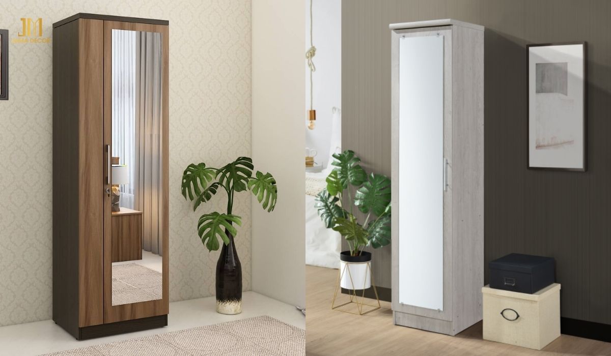 Thiết kế vân gỗ tinh tế và trang nhã kết hợp gương soi giúp tăng chiều sâu cho căn phòng