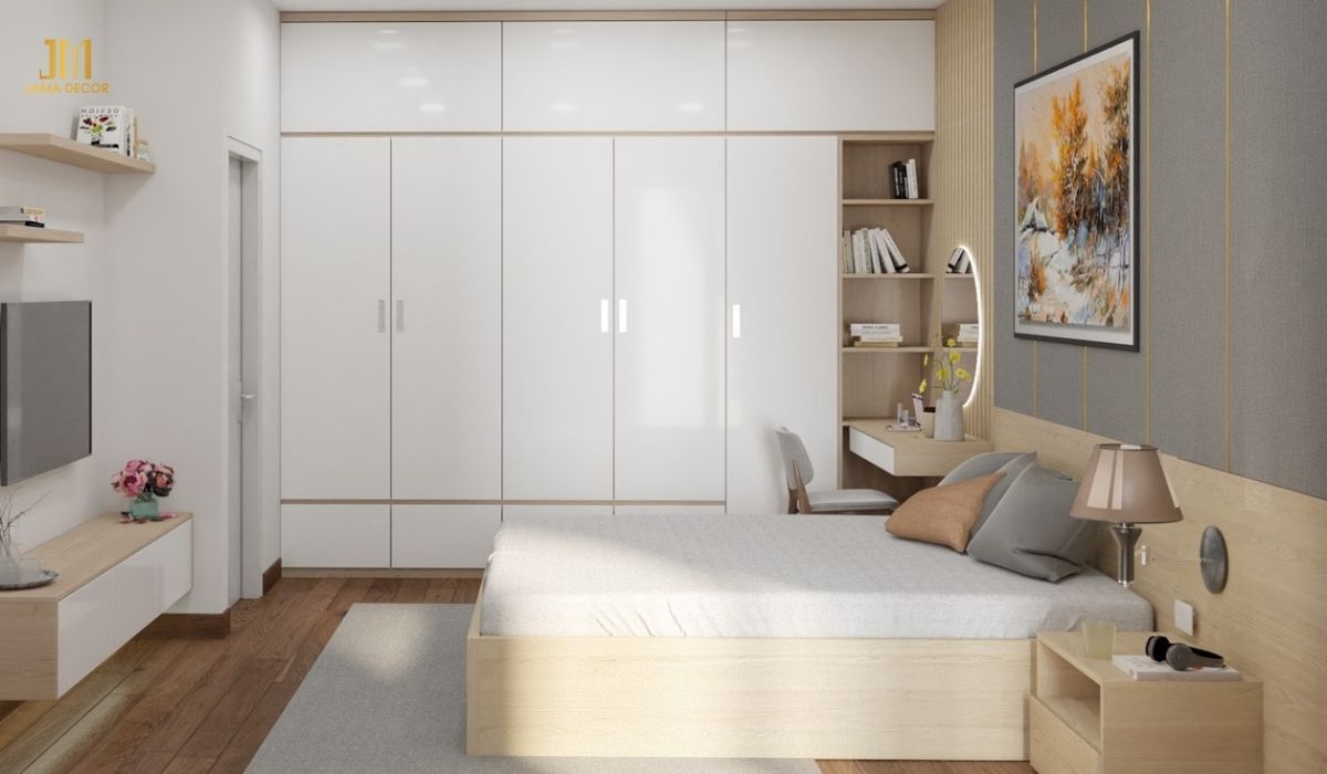 Tủ kịch trần kết hợp với tủ 4 cánh khác để tăng thêm khả năng lưu trữ và thẩm mỹ
