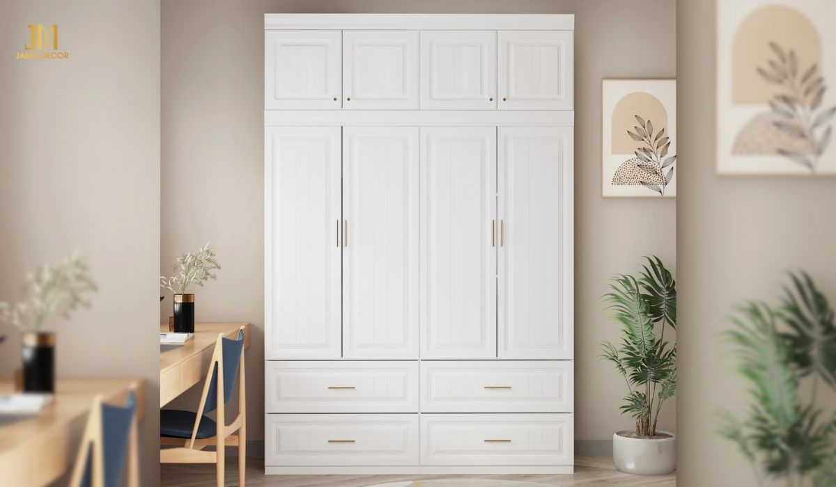 Các hộc kéo được bố trí cùng tủ quần áo 4 cánh