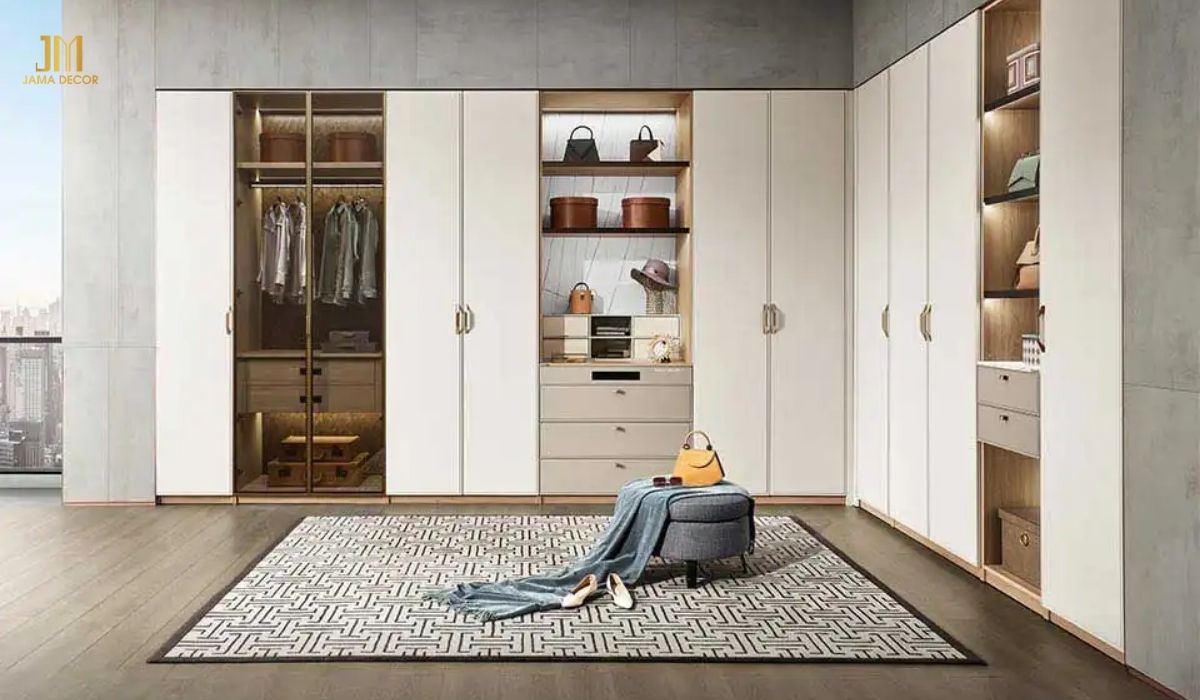 Tủ quần áo âm tường bằng vật liệu Acrylic có kết cấu cửa mở thông dụng 