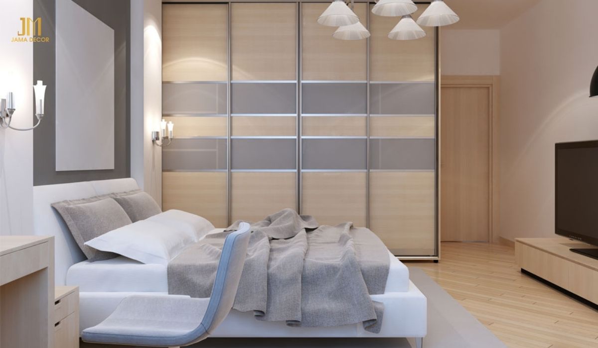 Cánh lùa của tủ âm tường được thiết kế tạo vân gỗ, mang đến nét cổ điển