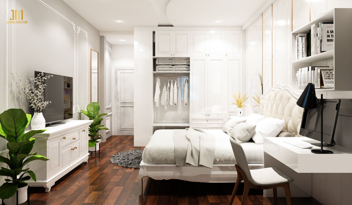 Các đồ nội thất được sắp xếp ngăn nắp với tone màu trắng sạch sẽ