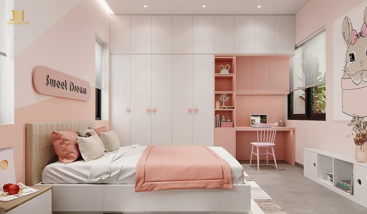 Phòng ngủ bé gái với nội thất tone màu hồng đáng yêu