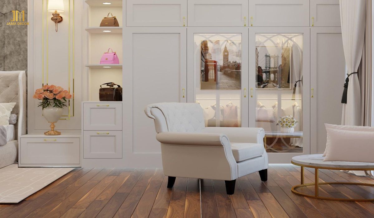 Tủ quần áo màu trắng sang trọng, giúp tạo điểm nhấn cho căn phòng