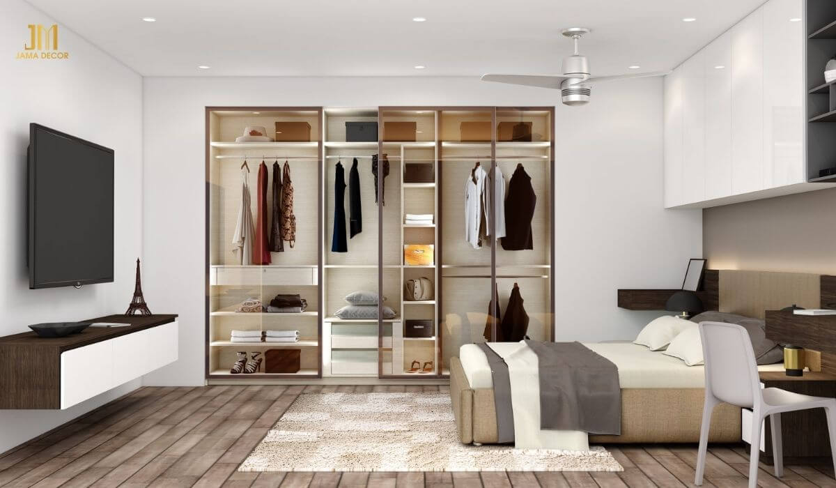 Mẫu tủ quần áo cánh kính kèm kệ trang trí tiện ích