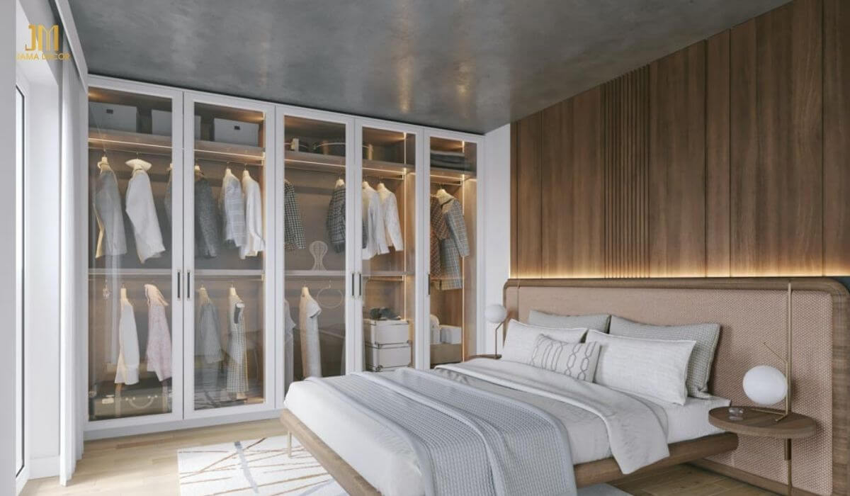 Mẫu tủ quần áo cánh kính cửa mở màu trắng trang nhã