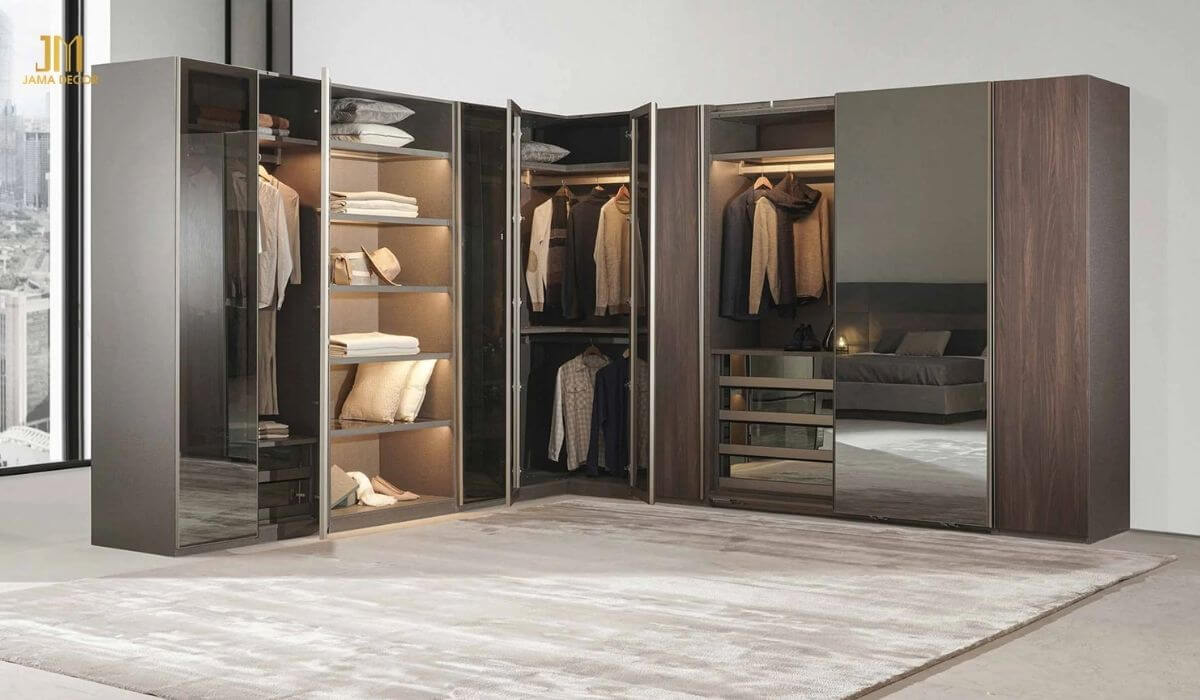Mẫu tủ quần áo cửa lùa 4 cánh gỗ công nghiệp kết hợp cửa bằng kính