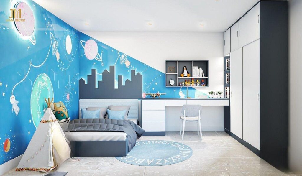 Giấy dán tường Vũ trụ xanh giúp phát triển tư duy cho bé