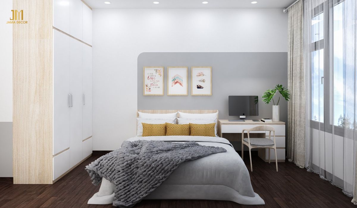 Mẫu thiết kế nội thất phòng ngủ màu trắng kết hợp với gam màu xám